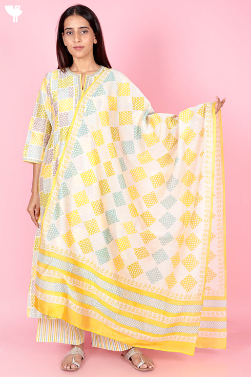 Chanderi Silk Kurta Pant Set With Dupatta Block Print